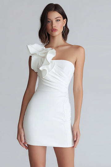 Ruched One Shoulder Bodycon Mała Biała Sukienka